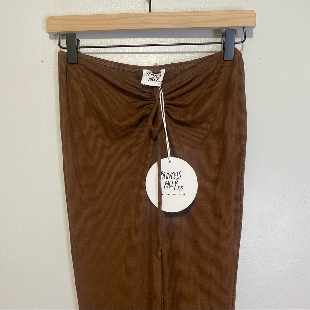 NWT Princess Polly Imogen Pants Tan Ribbed Drawstring Ruched Boot Cut Y2K Sz 6 - Picture 2 of 7